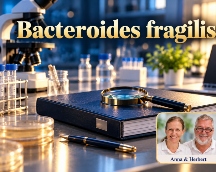 Mikroskop, Probenröhrchen, Ordner und Lupe unter dem Titel Bacteroides fragilis.
