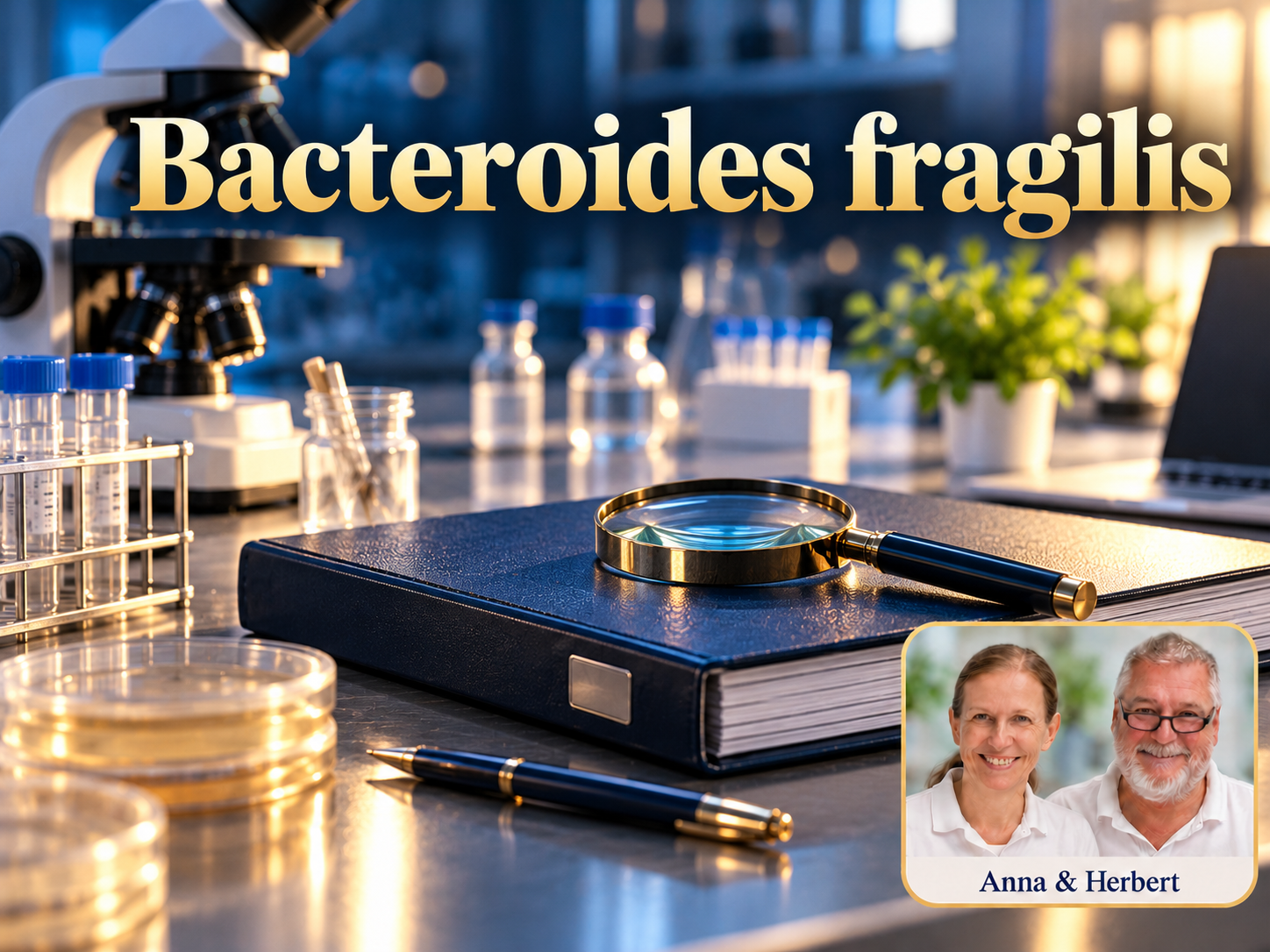 Bacteroides fragilis – Anna und Herbert - Herbert Eder - Frequenzforscher Mikroskop, Probenröhrchen, Ordner und Lupe unter dem Titel Bacteroides fragilis.