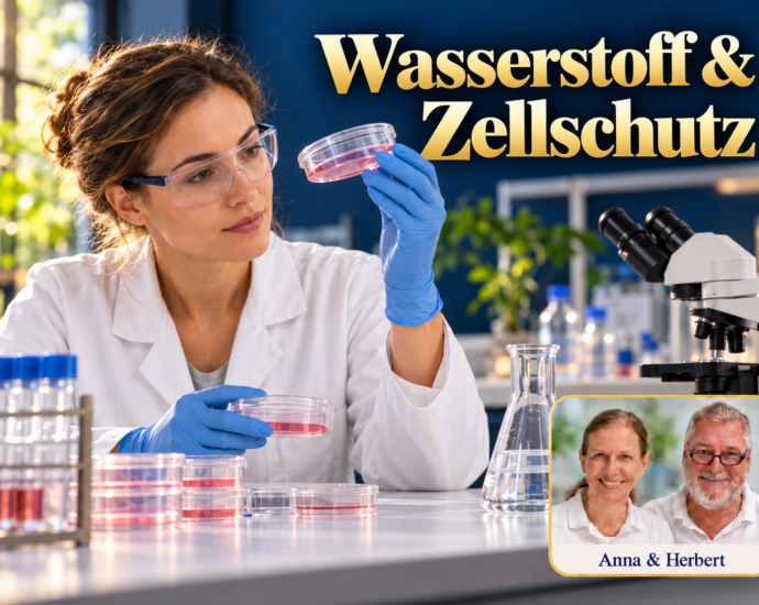 Frau mit Schutzbrille und Handschuhen betrachtet eine Petrischale unter dem Titel Wasserstoff und Zellschutz.