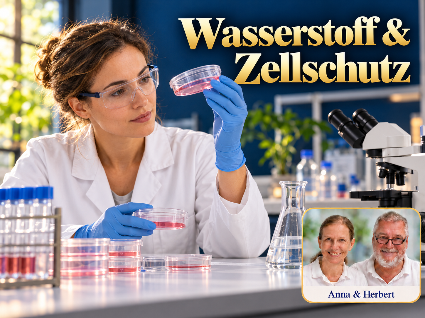 Wasserstoff & Zellschutz – Anna und Herbert - Herbert Eder - Frequenzforscher Frau mit Schutzbrille und Handschuhen betrachtet eine Petrischale unter dem Titel Wasserstoff und Zellschutz.