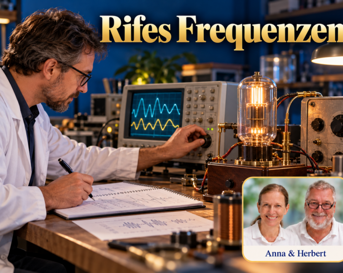 Mann im weißen Mantel bedient einen Drehknopf an einem Röhrengerät vor einem Oszilloskop unter dem Titel Rifes Frequenzen.