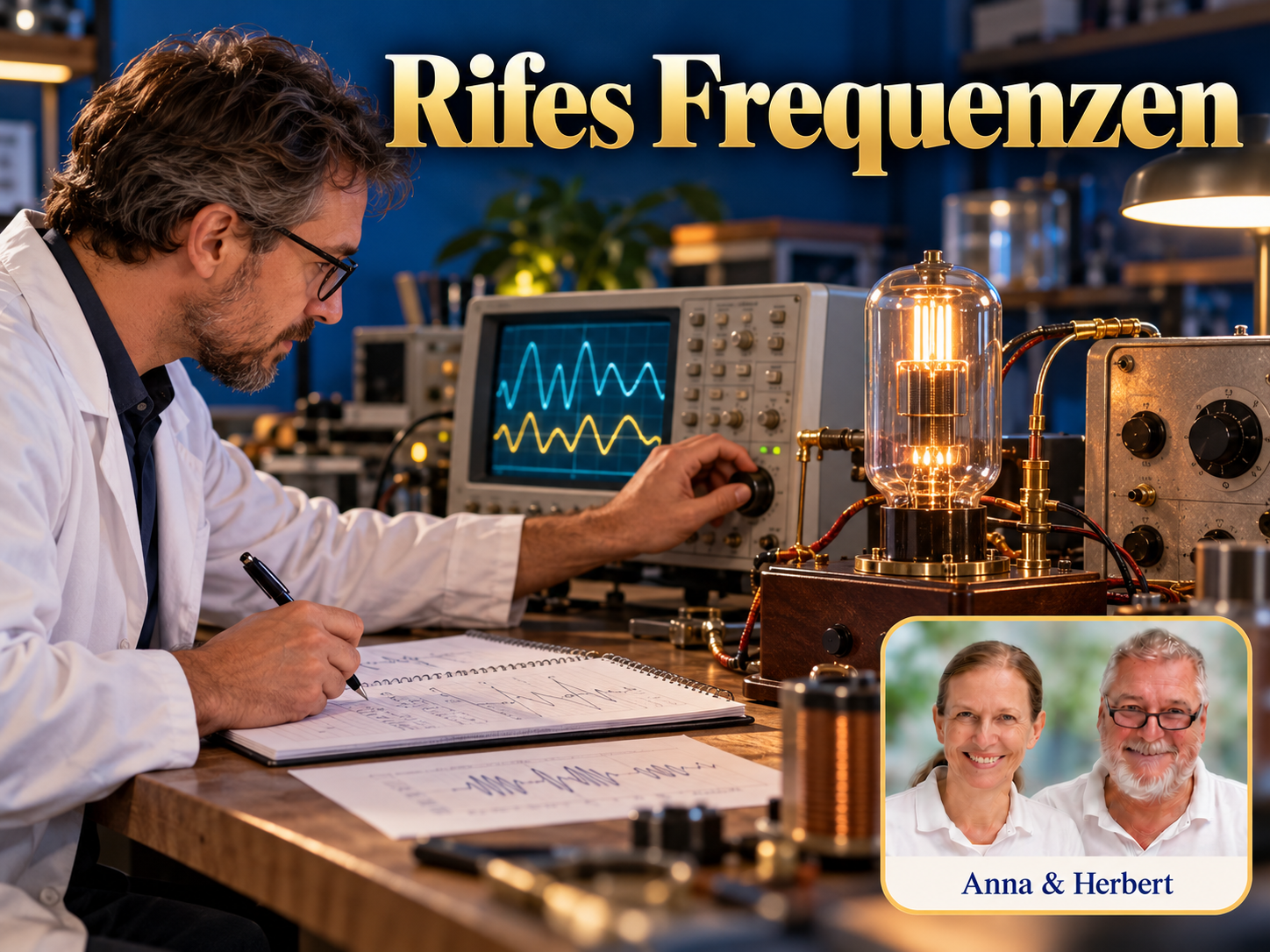 Rifes Frequenzen – Anna und Herbert - Herbert Eder - Frequenzforscher Mann im weißen Mantel bedient einen Drehknopf an einem Röhrengerät vor einem Oszilloskop unter dem Titel Rifes Frequenzen.