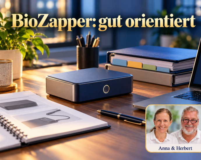 Neutrales geschlossenes Gerät neben Bedienunterlagen und Registerordner. Symbolbild zur Orientierung beim BioZapper, keine maßstabsgetreue Produktdarstellung; Anna & Herbert rechts unten. Porträtbadge Anna und Herbert rechts unten.