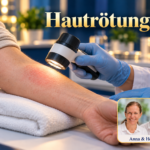 Hautrötungen – Anna und Herbert - Herbert Eder - Frequenzforscher Fiktive Hautuntersuchung: Eine dezent gerötete Stelle am Unterarm wird mit einer Untersuchungslupe betrachtet. Porträtbadge Anna und Herbert rechts unten.