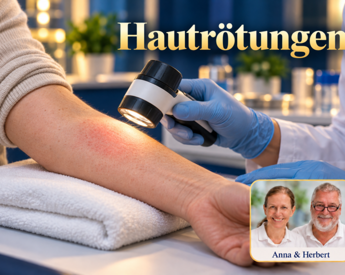 Fiktive Hautuntersuchung: Eine dezent gerötete Stelle am Unterarm wird mit einer Untersuchungslupe betrachtet. Porträtbadge Anna und Herbert rechts unten.
