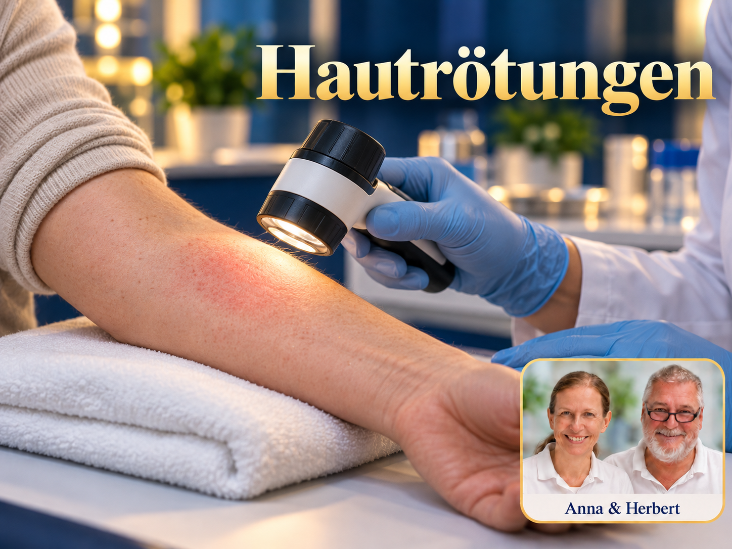 Hautrötungen – Anna und Herbert - Herbert Eder - Frequenzforscher Behandschuhte Hand hält ein Dermatoskop über eine rote Hautstelle am Unterarm.