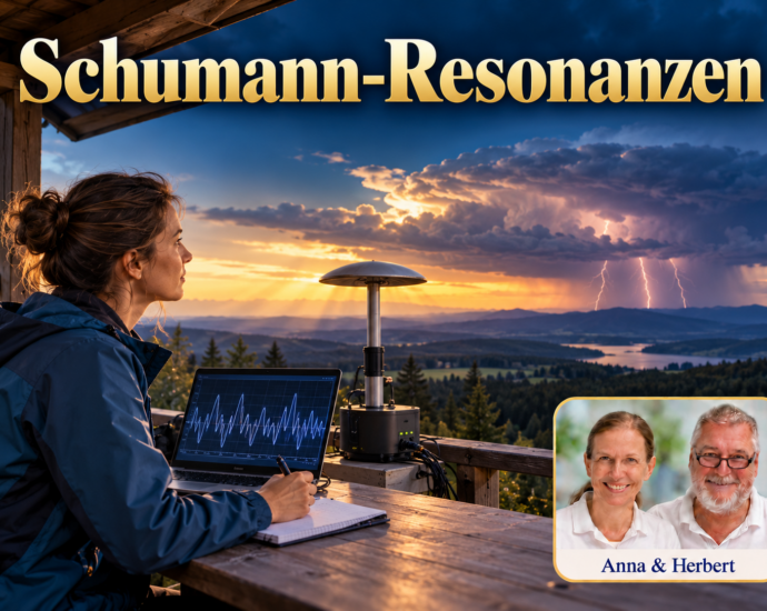 Frau sitzt mit Notebook und einem Messaufbau vor einer Gewitterlandschaft unter dem Titel Schumann-Resonanzen.