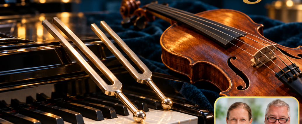 Oktavierung – Anna und Herbert - Herbert Eder - Frequenzforscher Klaviertasten, zwei Stimmgabeln und eine Violine im warmen Licht; Porträt-Badge Anna und Herbert rechts unten.