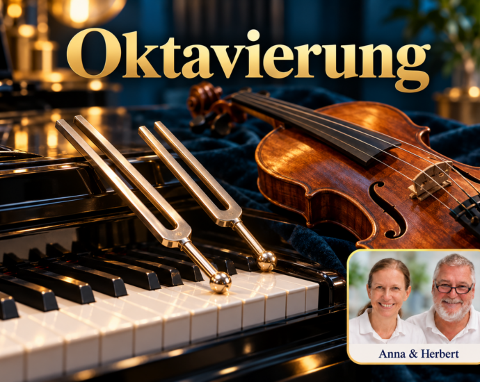 Klaviertasten, zwei Stimmgabeln und eine Violine im warmen Licht; Porträt-Badge Anna und Herbert rechts unten.