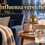 Influenza verstehen - Herbert Eder - Frequenzforscher Sessel, warme Decke, Tasse, Taschentücher und Thermometer; Anna und Herbert im Badge rechts unten.