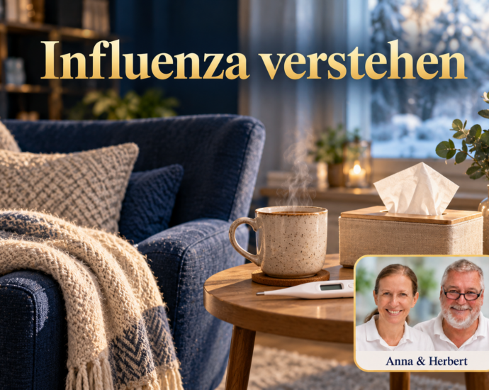 Křeslo, teplá deka, šálek, kapesníky a teploměr; Anna a Herbert na odznaku vpravo dole.