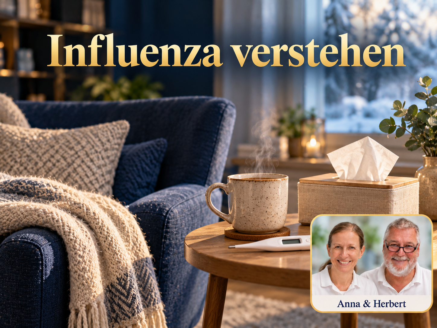 Porozumět chřipce – Herbert Eder – výzkumník v oblasti frekvencí Tasse, Taschentuchbox und Fieberthermometer neben einem Sessel unter dem Titel Influenza verstehen.