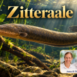 Zitteraale – Anna und Herbert - Herbert Eder - Frequenzforscher Ein Zitteraal in einer illustrierten Unterwasserlandschaft mit Pflanzen und einfallendem Licht; Porträt-Badge Anna und Herbert rechts unten.