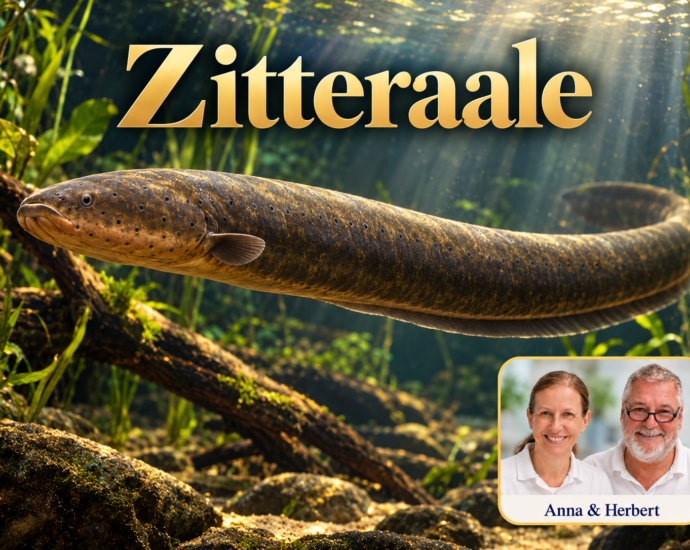 An electric eel in an illustrated underwater scene featuring plants and sunlight streaming in; a portrait badge of Anna and Herbert in the lower right corner.