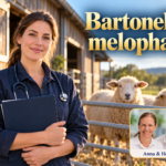 Bartonella melophagi – Anna und Herbert - Herbert Eder - Frequenzforscher Frau mit Klemmbrett und Stethoskop vor Schafen unter dem Titel Bartonella melophagi.