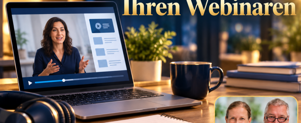 Zugang zu Ihren Webinaren – Anna und Herbert - Herbert Eder - Frequenzforscher Laptop mit einer fiktiven Referentin auf einer schematischen Videokursseite, daneben Kopfhörer und Notizbuch. Symbolbild zum Webinarzugang mit Anna & Herbert rechts unten. Porträtbadge Anna und Herbert rechts unten.