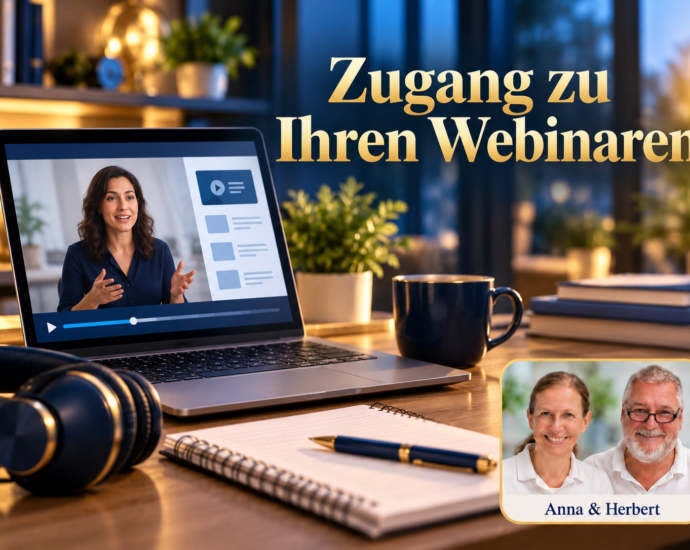 Laptop mit einer fiktiven Referentin auf einer schematischen Videokursseite, daneben Kopfhörer und Notizbuch. Symbolbild zum Webinarzugang mit Anna & Herbert rechts unten. Porträtbadge Anna und Herbert rechts unten.