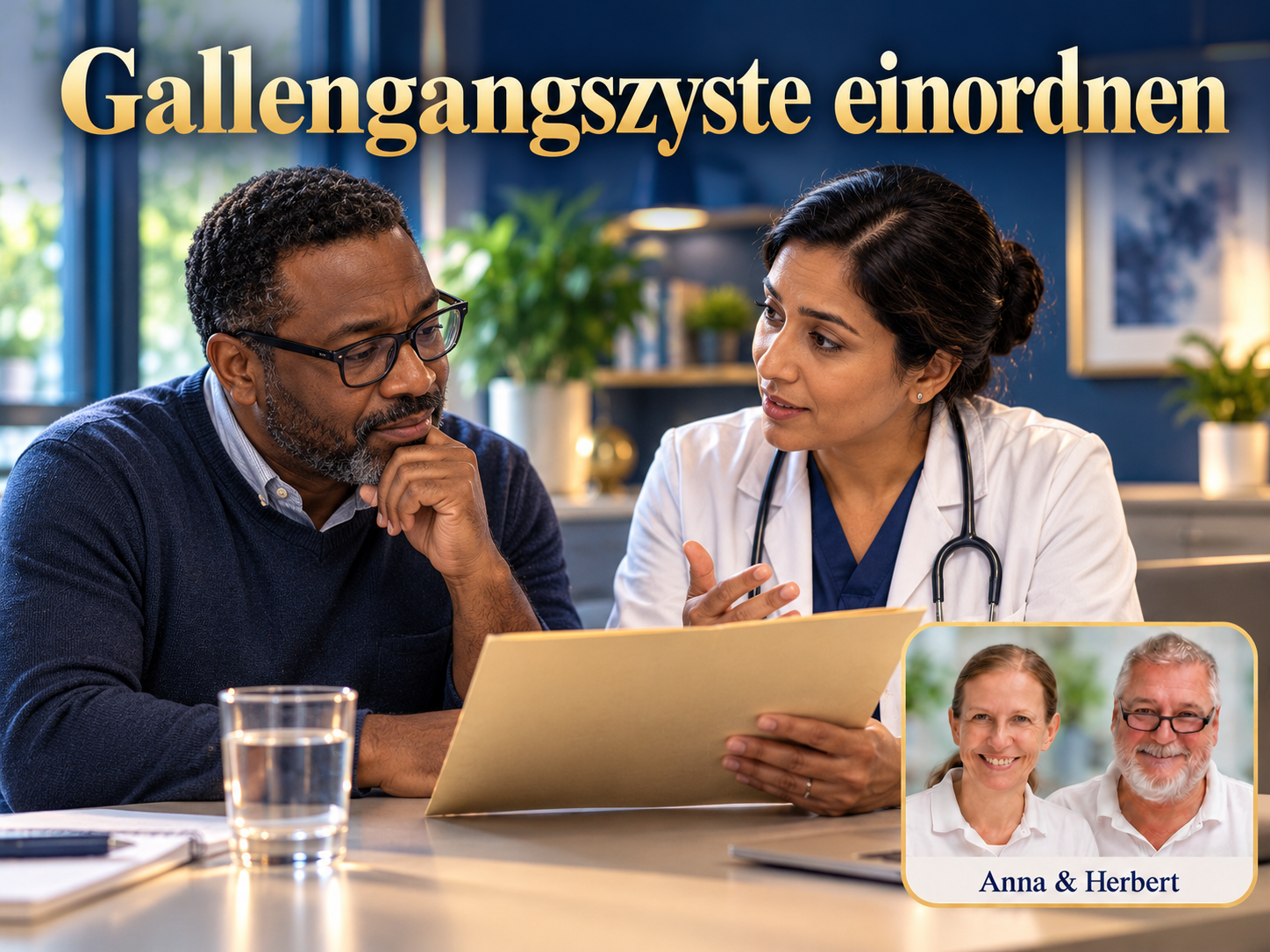 Gallengangszyste einordnen – Anna und Herbert - Herbert Eder - Frequenzforscher Mann und Frau im weißen Mantel betrachten eine Mappe unter dem Titel Gallengangszyste einordnen.