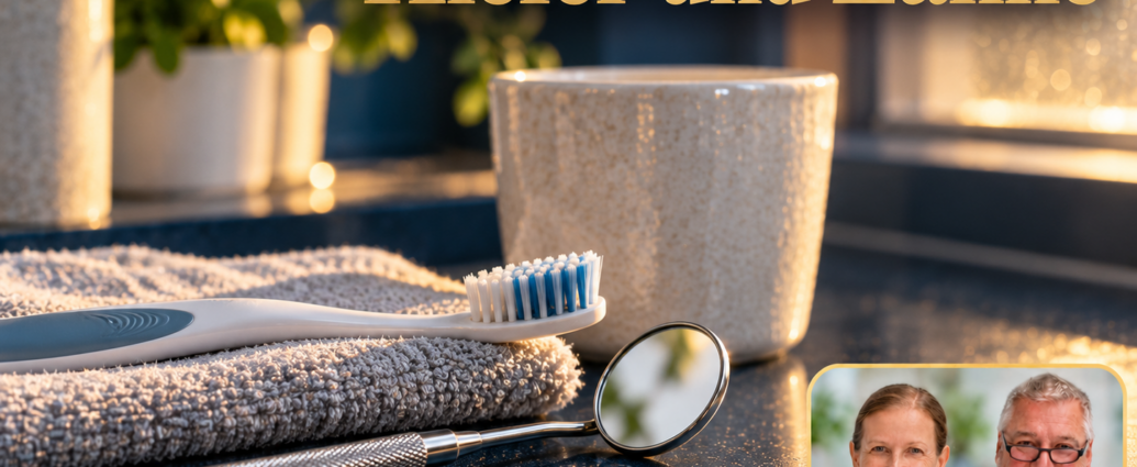 Jaw and Teeth - Herbert Eder - Frequency Researcher A toothbrush, a dental mirror, and a ceramic mug sit next to a towel on a dark blue shelf. Anna and Herbert can be seen in the bottom right corner of the portrait badge.