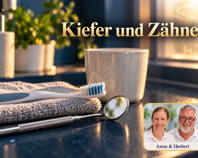Zahnbürste, Mundspiegel und Keramikbecher neben einem Handtuch auf einer dunkelblauen Ablage. Anna und Herbert sind rechts unten im Porträt-Badge zu sehen.