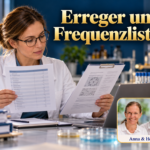 Erreger und Frequenzlisten – Anna und Herbert - Herbert Eder - Frequenzforscher Frau im weißen Mantel vergleicht Ausdrucke unter dem Titel Erreger und Frequenzlisten.