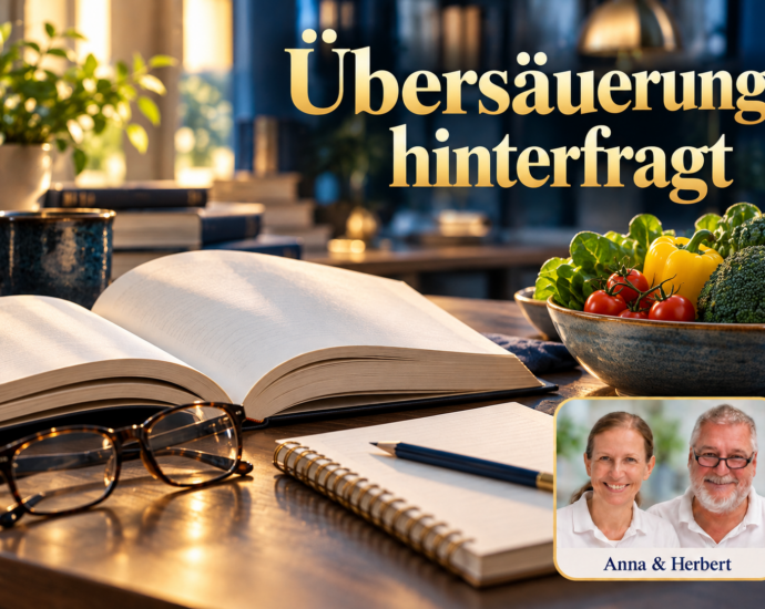 Geöffnetes Buch, Lesebrille, Notizbuch und Stift auf einem Tisch neben einer Schale mit frischem Gemüse. Porträtbadge Anna und Herbert rechts unten.
