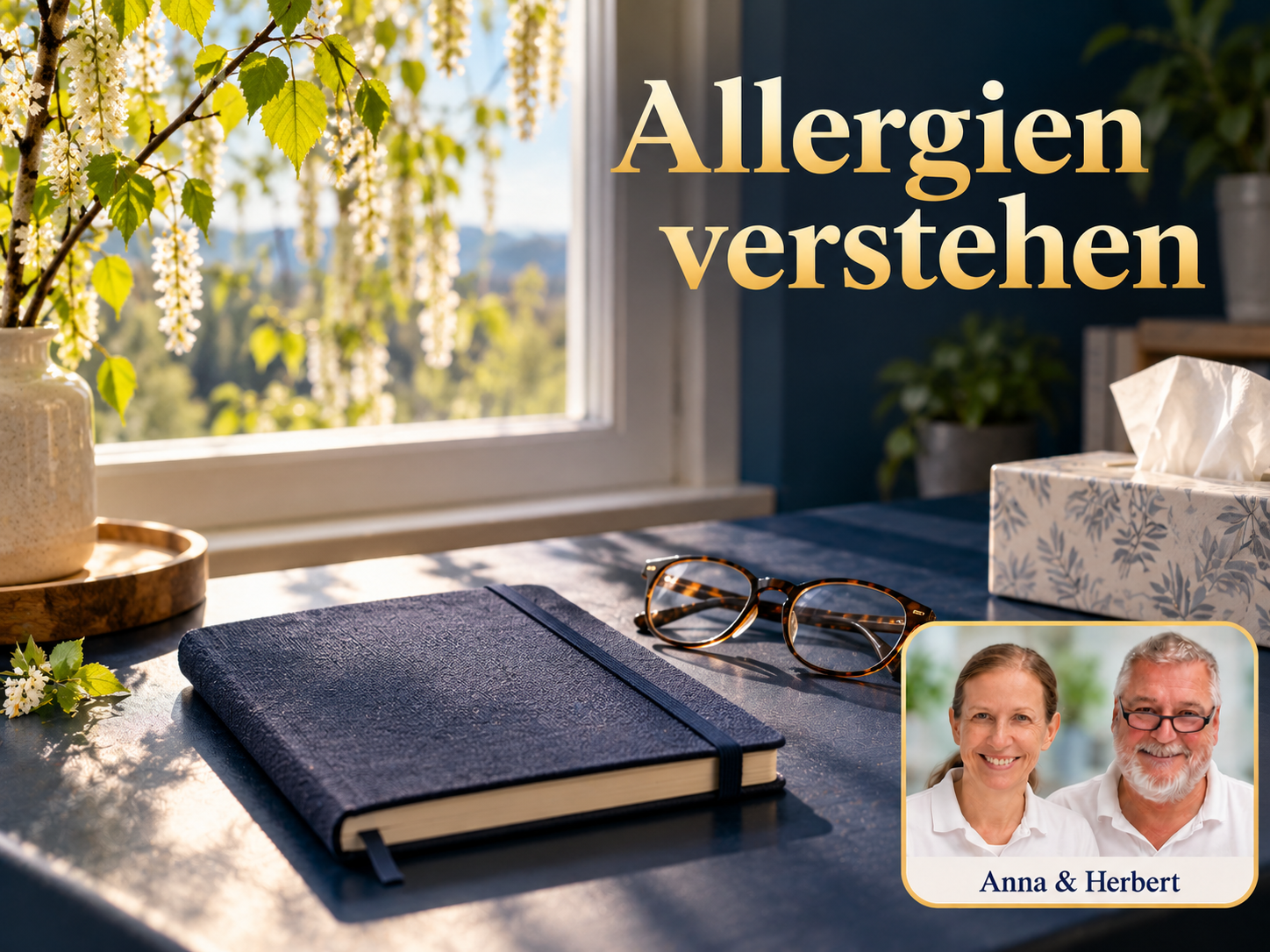 Allergien verstehen - Herbert Eder - Frequenzforscher Un taccuino blu, occhiali e fazzoletti su una finestra chiusa; Anna e Herbert in basso a destra.