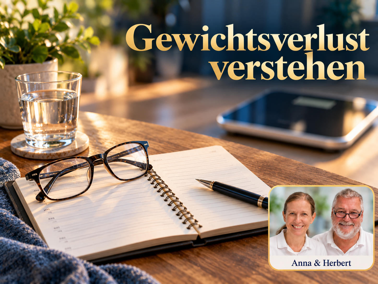 Porozumět hubnutí – Herbert Eder – výzkumník v oblasti frekvencí Offenes Notizbuch, Brille, Wasserglas und Waage unter dem Titel Gewichtsverlust verstehen.
