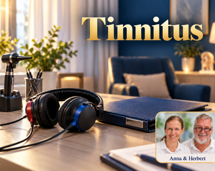 Headphones for a hearing test, an ear examination device, and a blue folder in a quiet consultation room. Portrait badges of Anna and Herbert in the lower right corner.