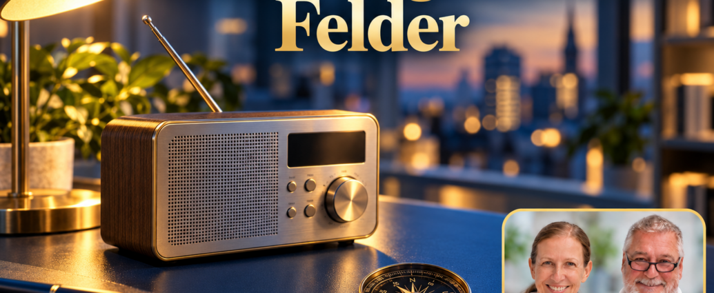 Elektromagnetische Felder – Anna und Herbert - Herbert Eder - Frequenzforscher Ein Radio, eine eingeschaltete Schreibtischlampe und ein Kompass vor einem abendlichen Stadtfenster; Porträt-Badge Anna und Herbert rechts unten.