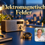 Elektromagnetische Felder – Anna und Herbert - Herbert Eder - Frequenzforscher Ein Radio, eine eingeschaltete Schreibtischlampe und ein Kompass vor einem abendlichen Stadtfenster; Porträt-Badge Anna und Herbert rechts unten.