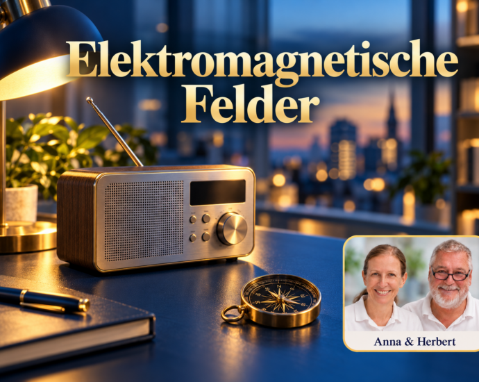 Ein Radio, eine eingeschaltete Schreibtischlampe und ein Kompass vor einem abendlichen Stadtfenster; Porträt-Badge Anna und Herbert rechts unten.