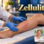 Zellulitis – Anna und Herbert - Herbert Eder - Frequenzforscher Fiktive Untersuchung einer geröteten Stelle am Unterschenkel mit behandschuhten Händen. Porträtbadge Anna und Herbert rechts unten.