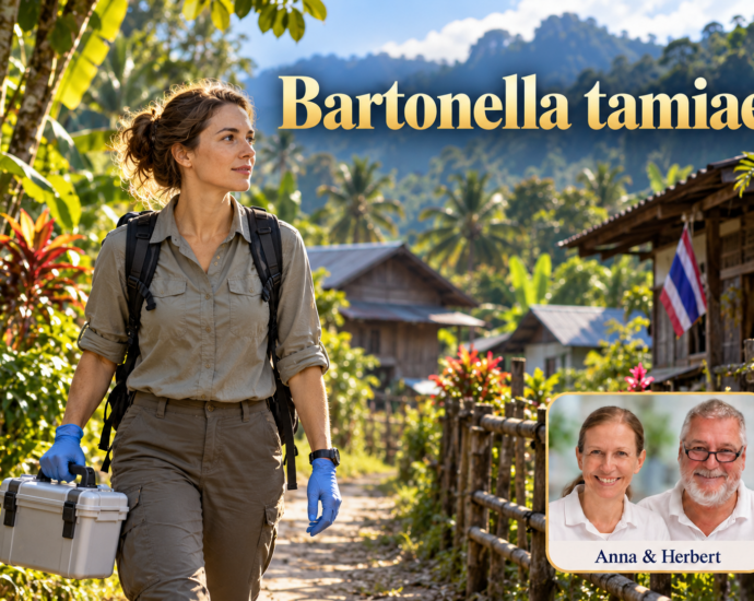 Donna con guanti e contenitore di trasporto davanti a case dall’aspetto tropicale, con il titolo “Bartonella tamiae”.