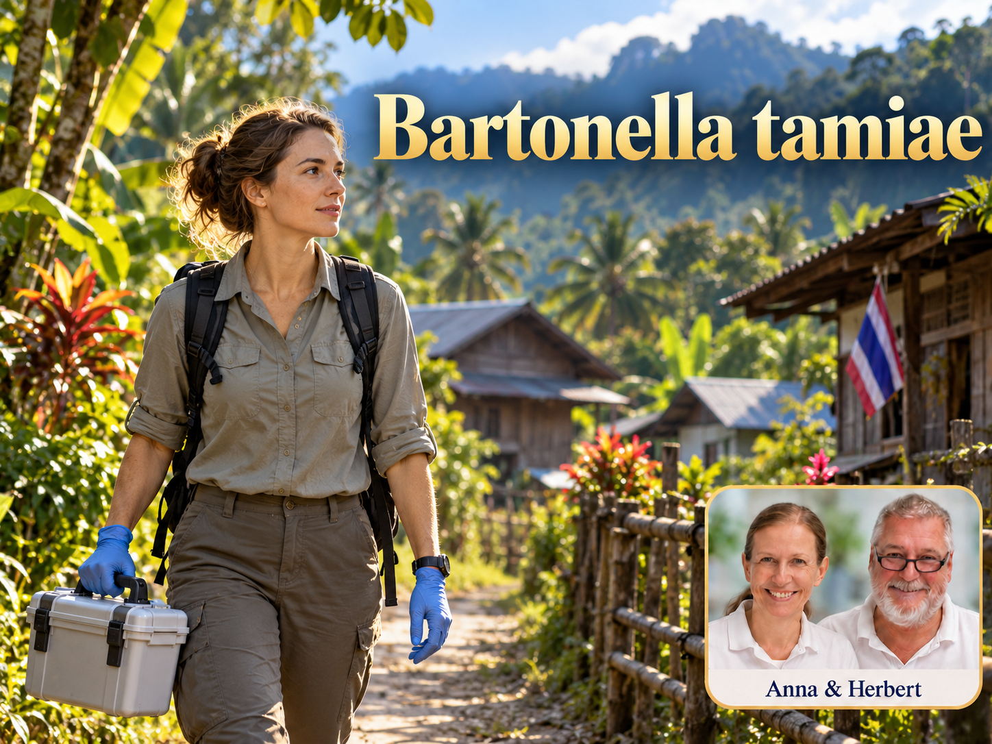 Bartonella tamiae – Anna und Herbert - Herbert Eder - Frequenzforscher Frau mit Handschuhen und Transportbehälter vor tropisch wirkenden Häusern unter dem Titel Bartonella tamiae.