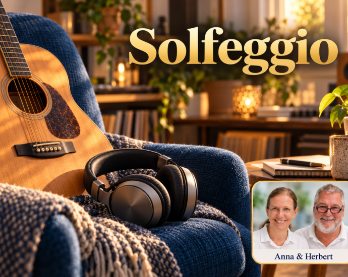 Una guitarra y unos auriculares junto a un sillón de color petróleo en una habitación con una iluminación cálida; insignia con los retratos de Anna y Herbert en la esquina inferior derecha.