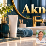 Akne – Anna und Herbert - Herbert Eder - Frequenzforscher Unbeschriftete Pflegetube und Spenderflasche mit Handtuch vor einem Spiegel im Badezimmer. Porträtbadge Anna und Herbert rechts unten.