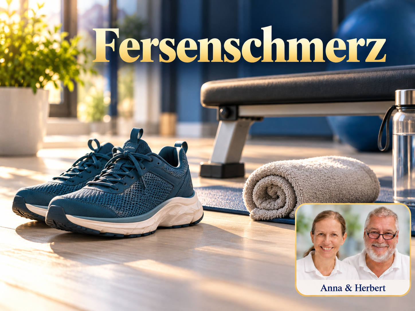 Fersenschmerz – Anna und Herbert - Herbert Eder - Frequenzforscher Sportschuhe, Handtuch und Trinkflasche vor einer gepolsterten Bank unter dem Titel Fersenschmerz.