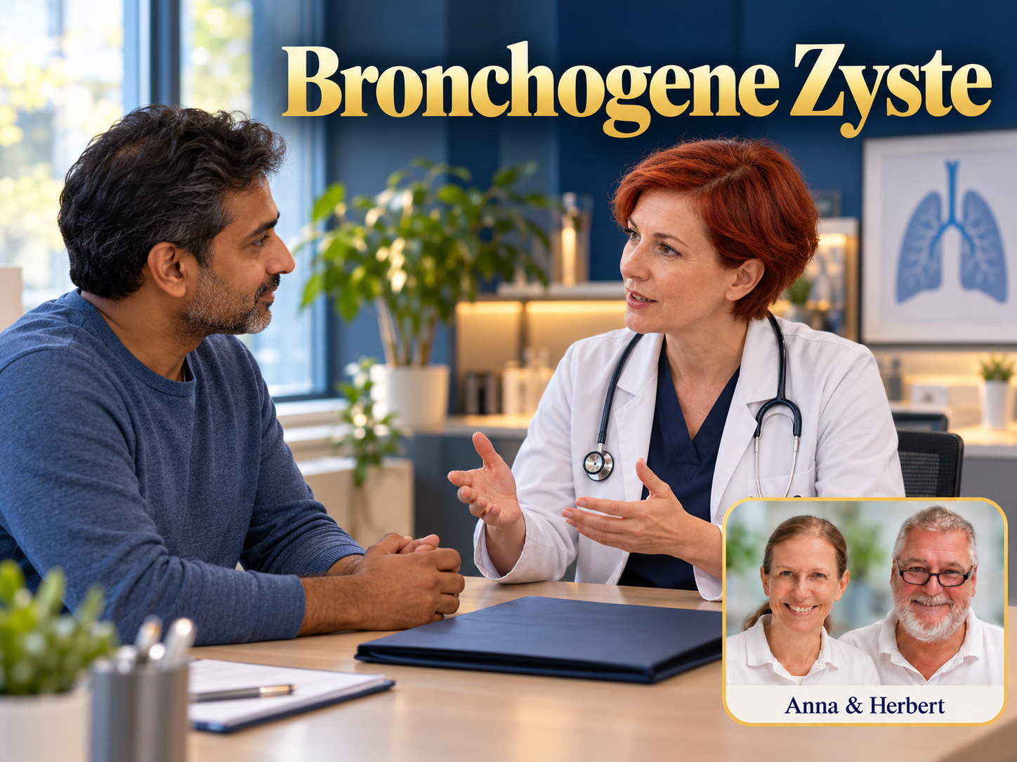 Bronchogene Zyste – Anna und Herbert - Herbert Eder - Frequenzforscher Mann und Frau im weißen Mantel sprechen vor einer Lungenskizze unter dem Titel Bronchogene Zyste.