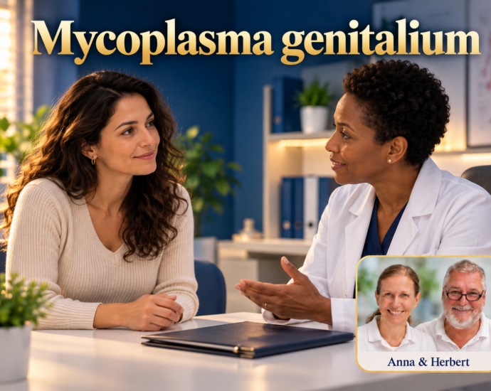 Two women, one wearing a white coat, are speaking under the title "Mycoplasma genitalium.".