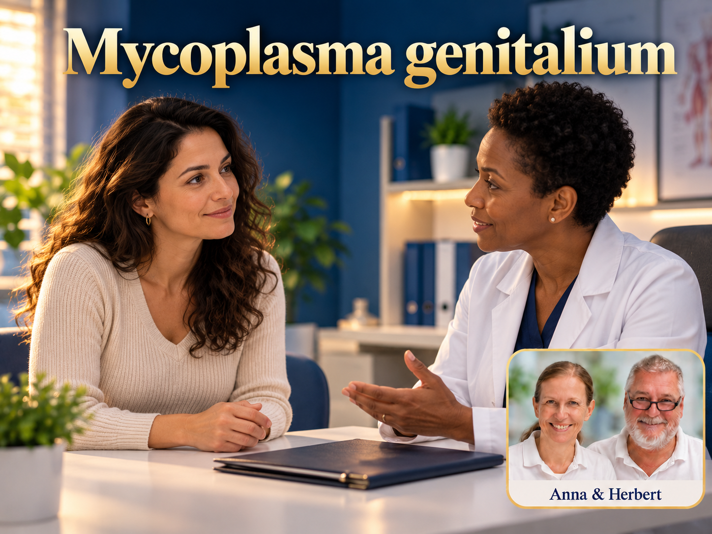 Mycoplasma genitalium – Anna and Herbert - Herbert Eder - Frequency Researcher Two women, one wearing a white coat, are speaking under the title "Mycoplasma genitalium.".