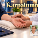 Karpaltunnel – Anna und Herbert - Herbert Eder - Frequenzforscher Eine Hand liegt mit der Handfläche nach oben auf einem Handtuch und wird bei einer Untersuchung behutsam gehalten. Porträtbadge Anna und Herbert rechts unten.