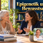 Epigenetik und Bewusstsein – Anna und Herbert - Herbert Eder - Frequenzforscher Zwei Frauen sprechen neben Büchern und einem DNA-Modell unter dem Titel Epigenetik und Bewusstsein.