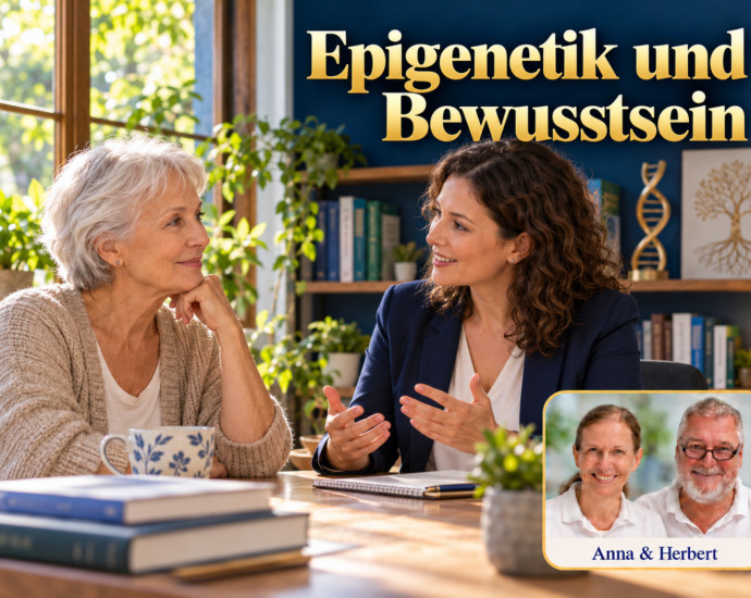 Due donne parlano accanto a dei libri e a un modello del DNA, sotto il titolo “Epigenetica e coscienza”.