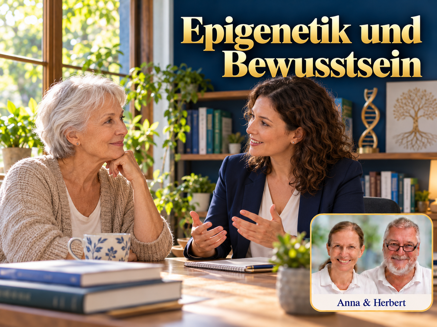 Epigenetik und Bewusstsein – Anna und Herbert - Herbert Eder - Frequenzforscher Zwei Frauen sprechen neben Büchern und einem DNA-Modell unter dem Titel Epigenetik und Bewusstsein.