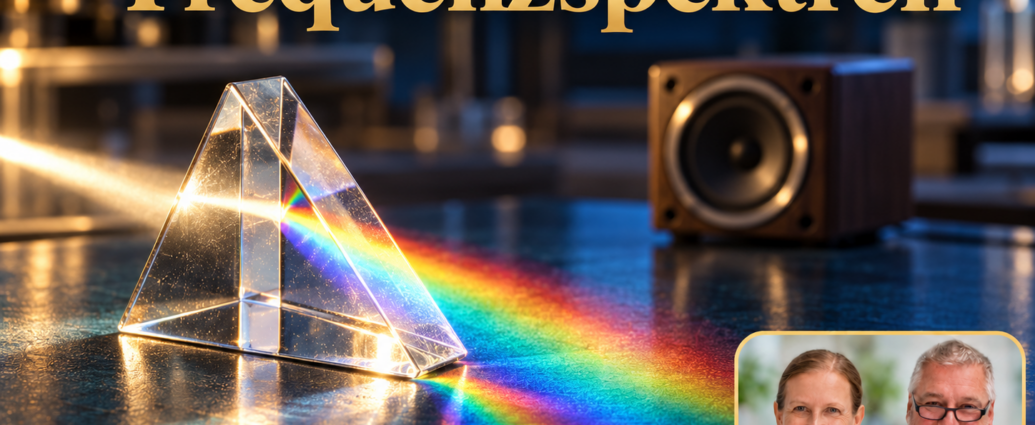 Frequenzspektren – Anna und Herbert - Herbert Eder - Frequenzforscher Ein Glasprisma mit farbigem Licht auf einem dunklen Tisch und ein unscharfer Lautsprecher im Hintergrund; Porträt-Badge Anna und Herbert rechts unten.