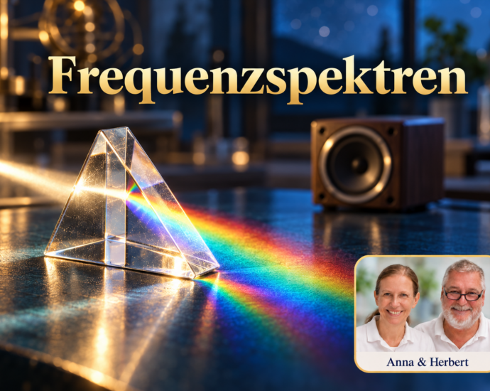 Ein Glasprisma mit farbigem Licht auf einem dunklen Tisch und ein unscharfer Lautsprecher im Hintergrund; Porträt-Badge Anna und Herbert rechts unten.