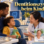 Dentitionszyste beim Kind – Anna und Herbert - Herbert Eder - Frequenzforscher Mann und Kind mit Stofftier sprechen mit einer Frau im weißen Mantel unter dem Titel Dentitionszyste beim Kind.