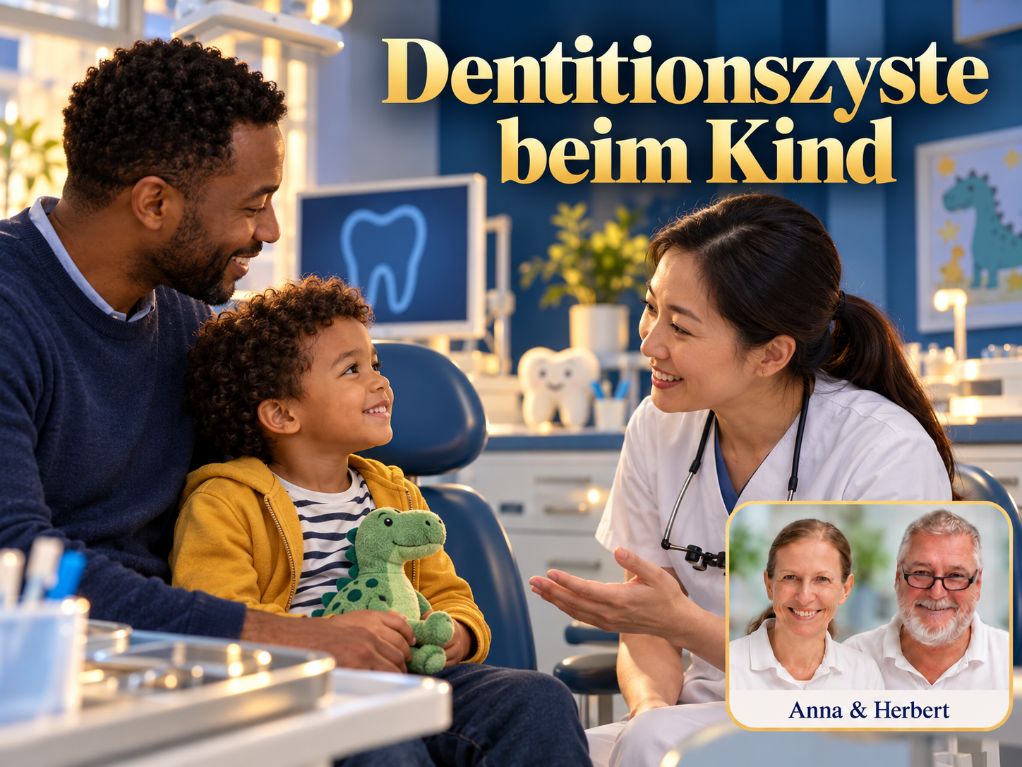 Dentitionszyste beim Kind – Anna und Herbert - Herbert Eder - Frequenzforscher Mann und Kind mit Stofftier sprechen mit einer Frau im weißen Mantel unter dem Titel Dentitionszyste beim Kind.