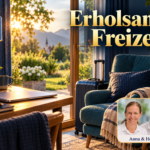 Erholsame Freizeit – Anna und Herbert - Herbert Eder - Frequenzforscher Geschlossener Laptop, Reisekoffer und gemütlicher Sessel vor einer offenen Tür mit Blick ins Grüne. Porträtbadge Anna und Herbert rechts unten.